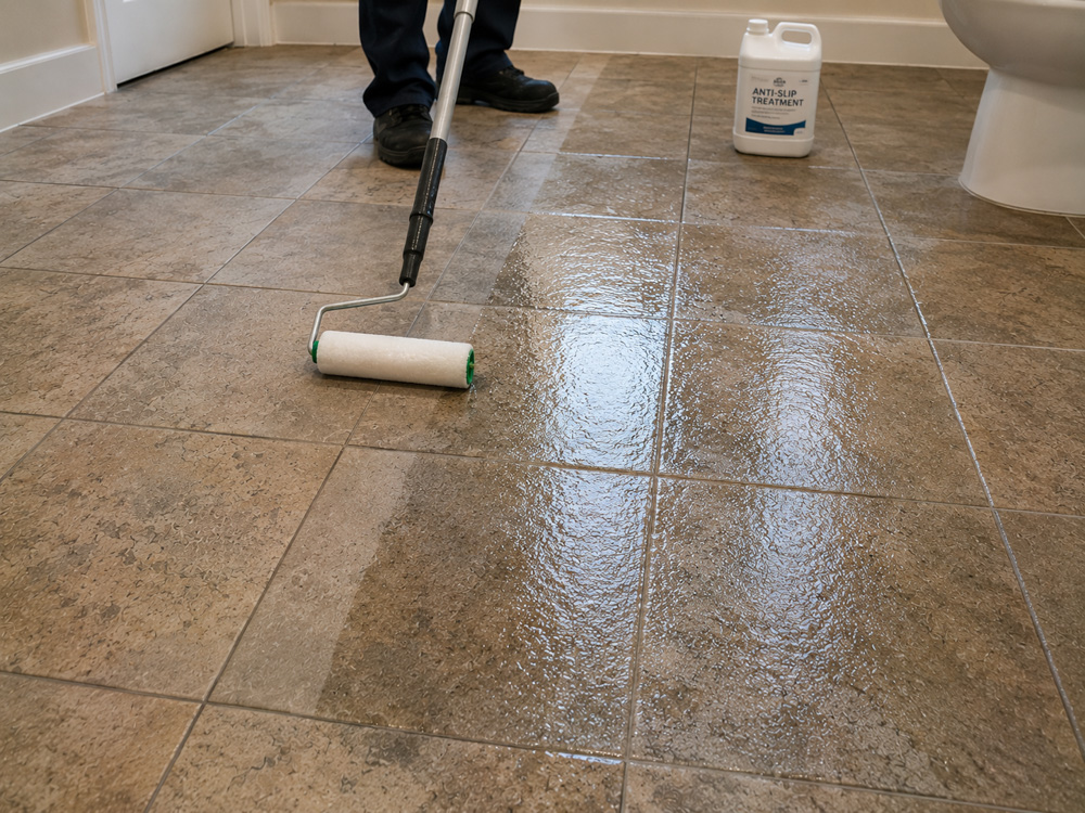 Pool deck tile after professional anti-slip treatment applied
